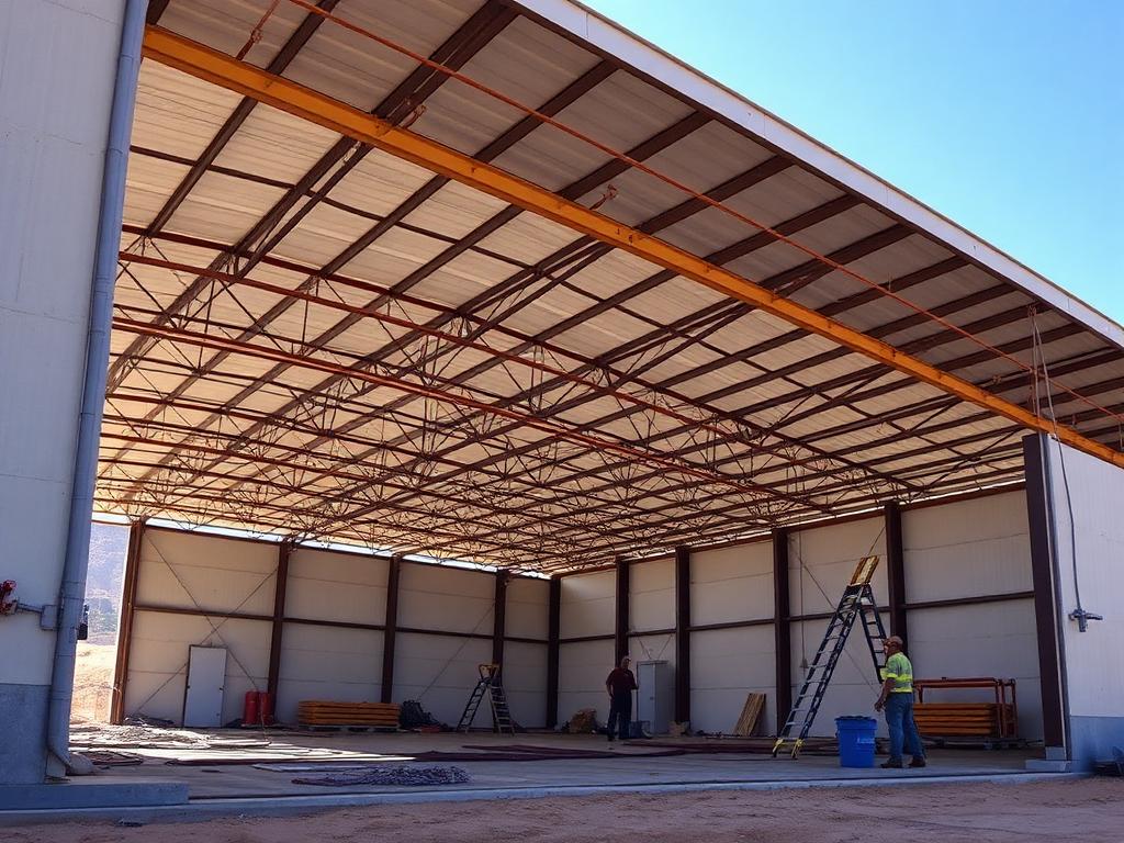Industrial shed with sandwich panel sheeting
