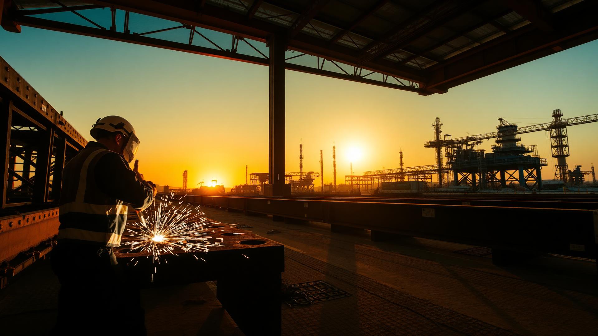 Structural steel fabrication at sunset